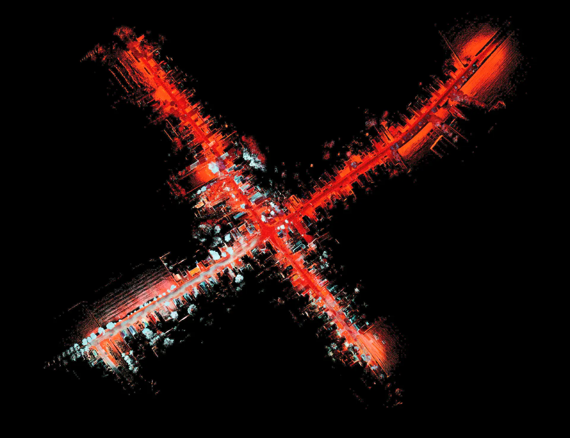 Red LiDAR point-cloud image forming an X, from Corridors of Memory