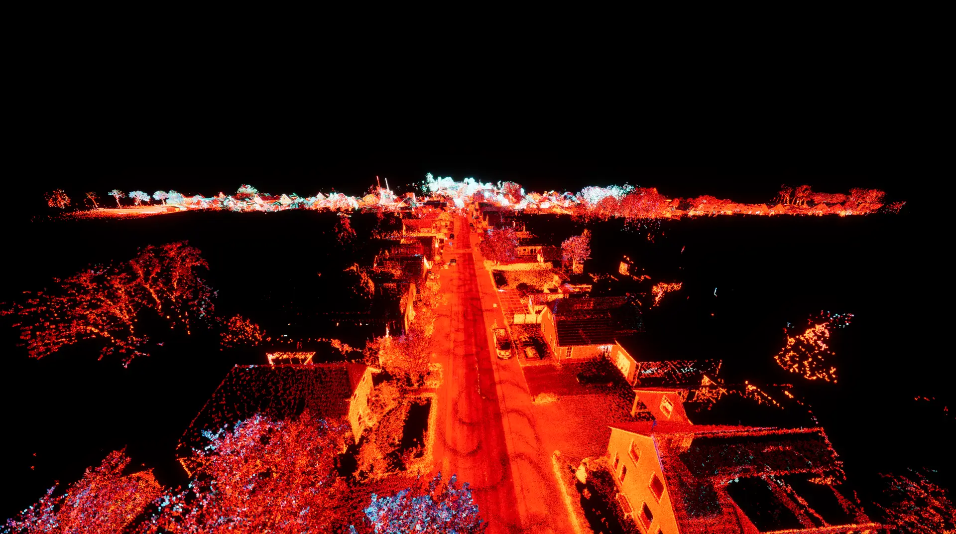 LiDAR view of a street and homes in Overschild, from Corridors of Memory