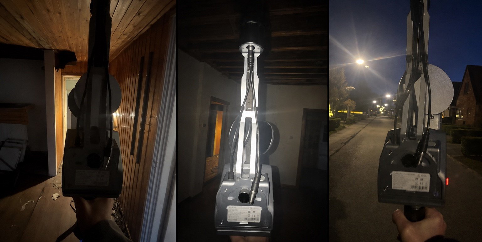 Three views of handheld spatial scanning inside homes and on a street at night