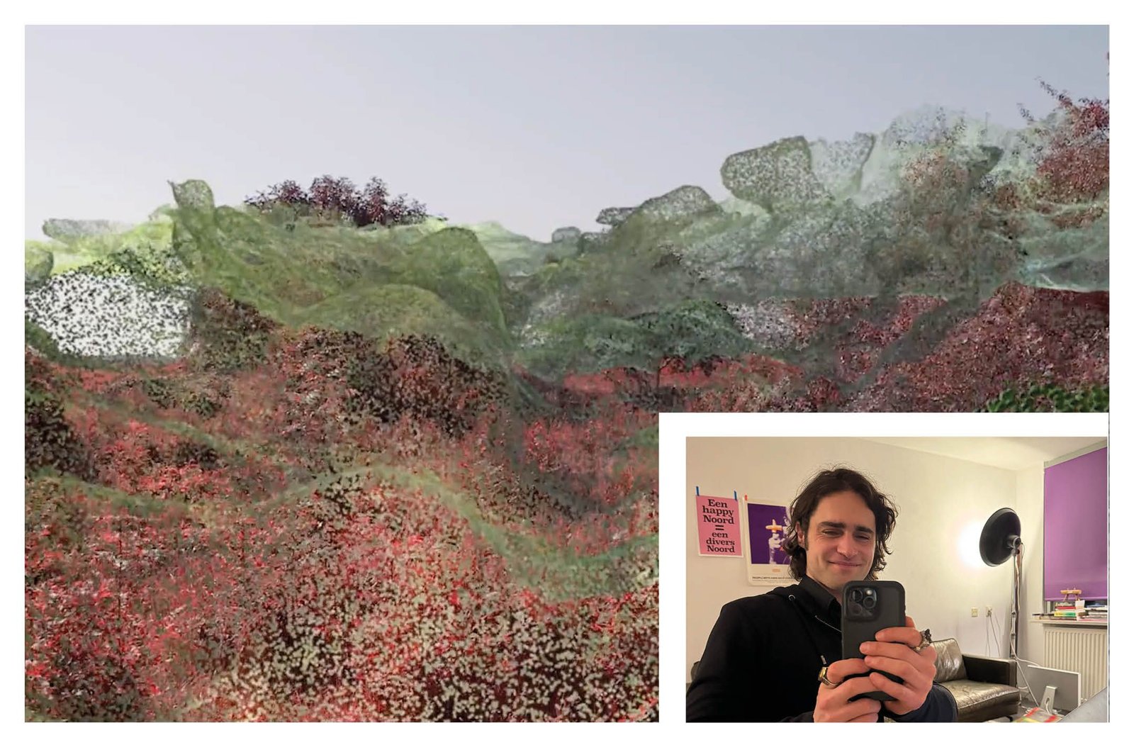 Collage of a speculative landscape and Gus Drake in conversation with Erik Wong for Sparks from the Pluriverse