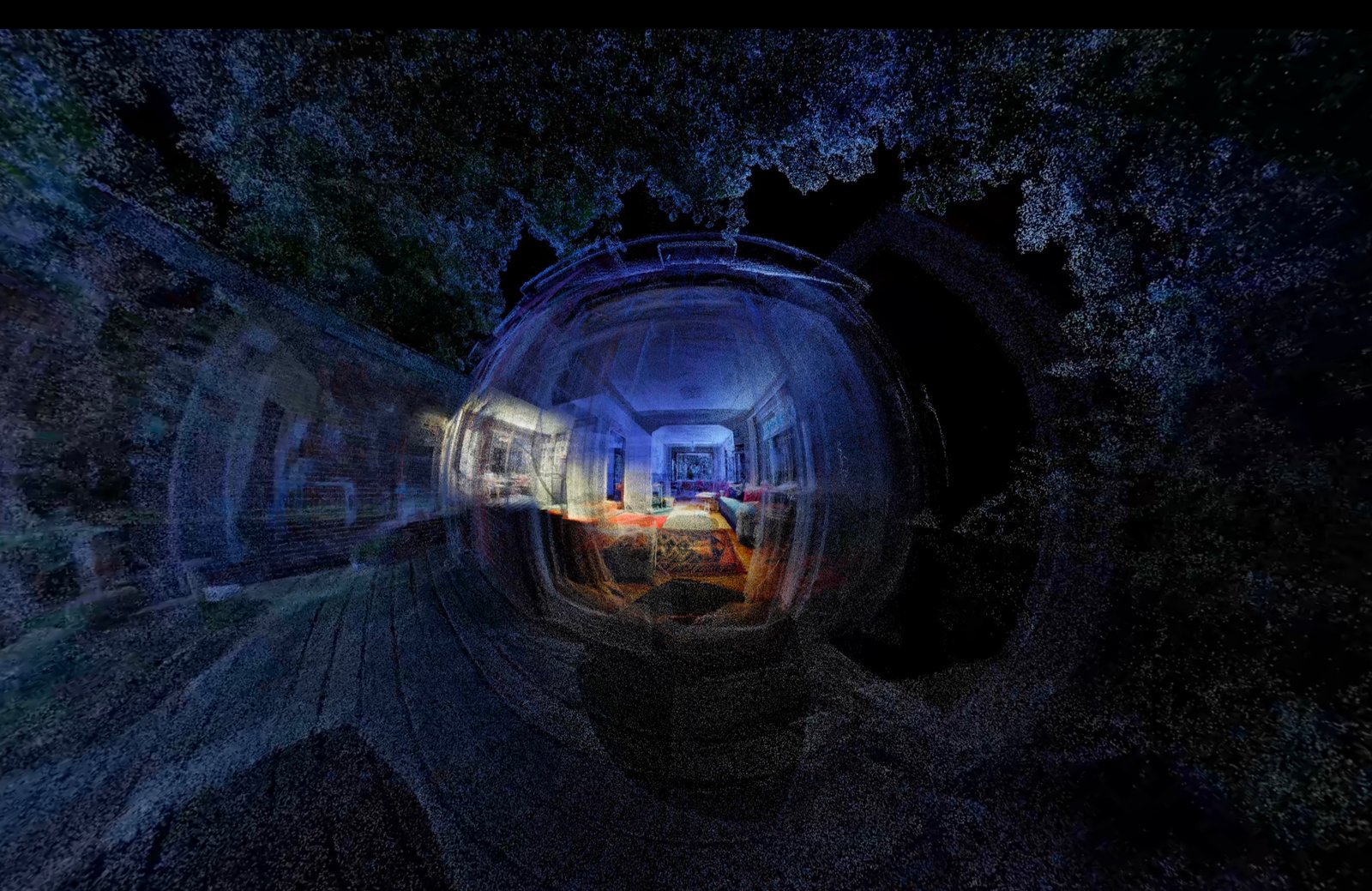 Blue LiDAR point cloud revealing the rooms and structure of a house