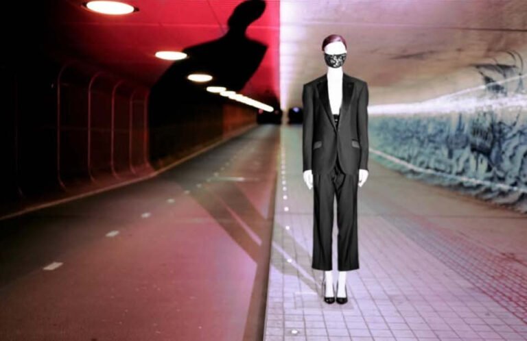 Fashion portrait in a red-lit underground passage