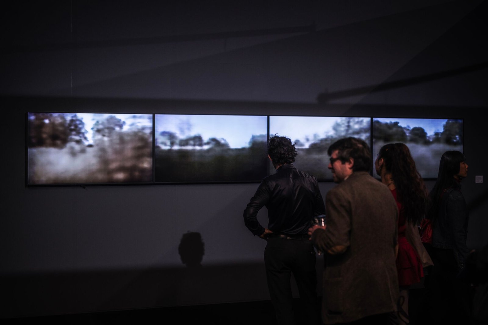 Visitors stand in front of four adjacent screens showing garden views at Art Rotterdam.