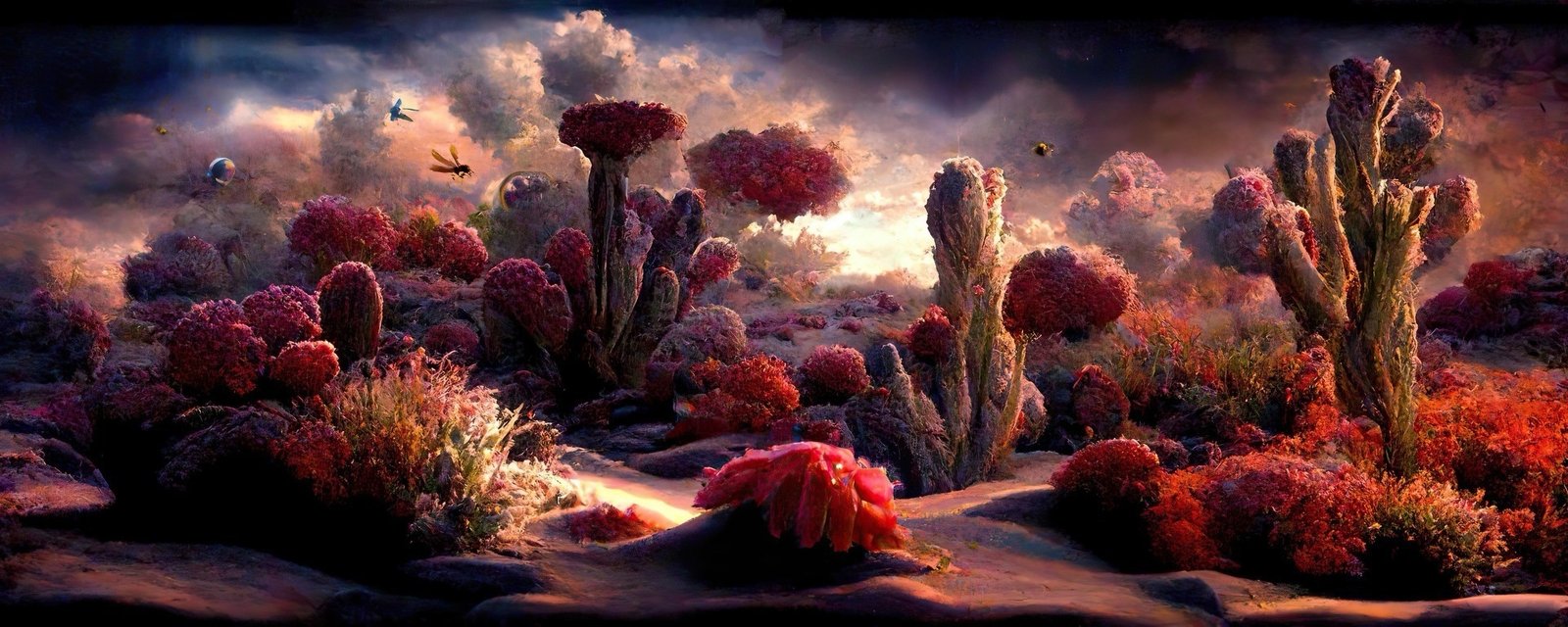 Elysian Desert: a speculative desert landscape with red vegetation, insects and sculptural rock formations