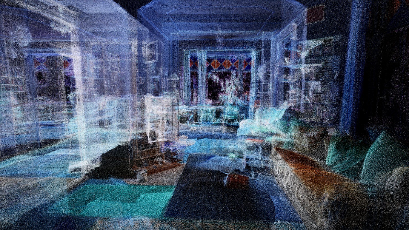 A layered blue and turquoise point-cloud scan of a living room, preserving its furniture and architecture